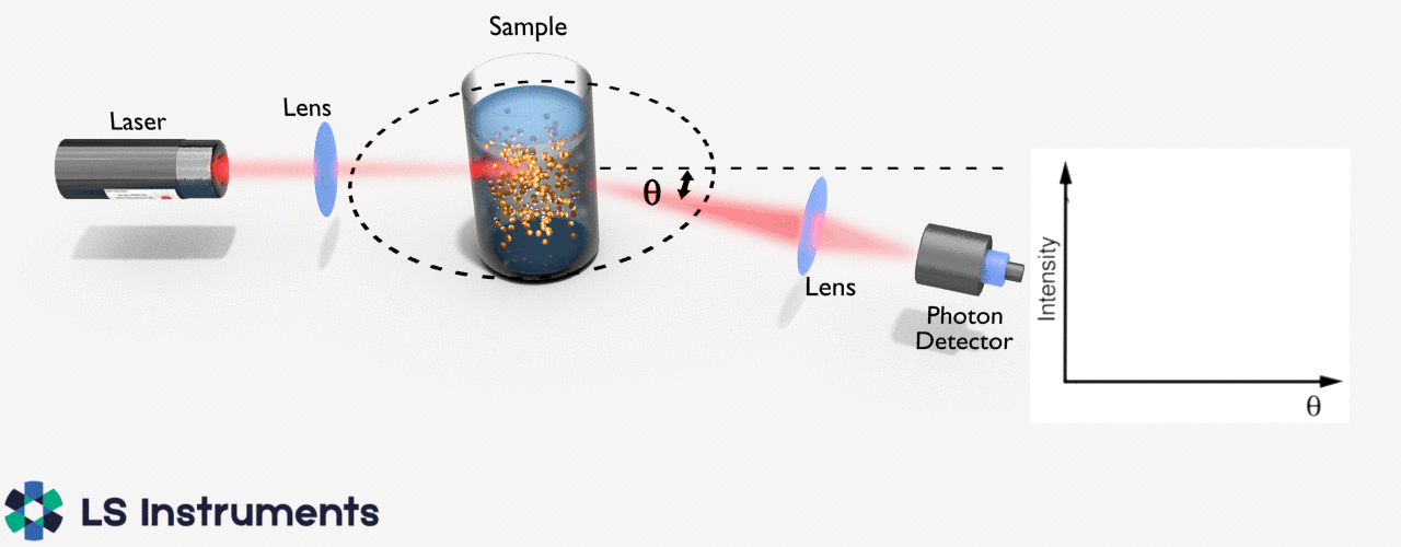 SLS: The intensity in dependence of the scattering angle is measured. The resulting form factor allows determination of the size (radius of gyratin) and shape of the dispersed particles in the sample.